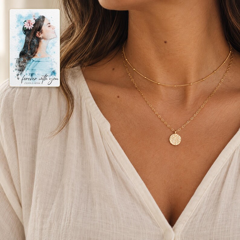 Gold Tone Coin Satellite Necklace worn by an adult model for styling and everyday styling. A personalized digital greeting card is shown alongside.