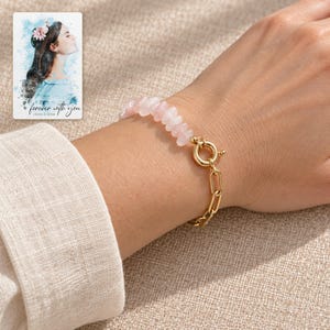 Pink Chip Bead Bracelet, worn lifestyle view. A personalized digital greeting card is shown alongside.