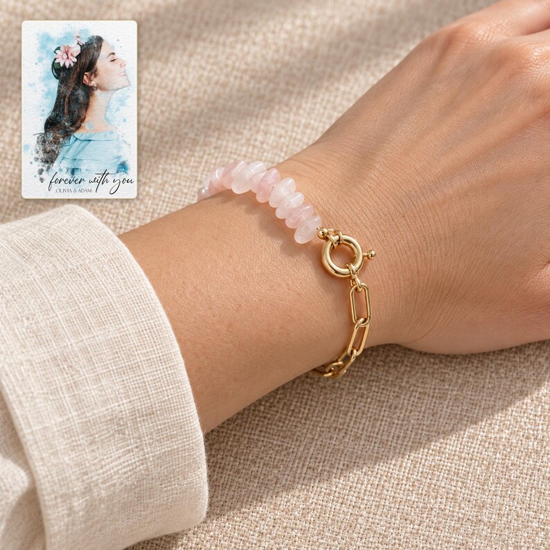 Pink Chip Bead Bracelet, worn lifestyle view. A personalized digital greeting card is shown alongside.