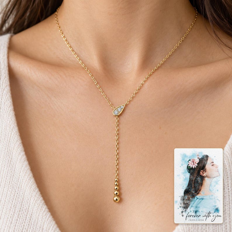 Moissanite Y Necklace, worn lifestyle view. A personalized digital greeting card is shown alongside.