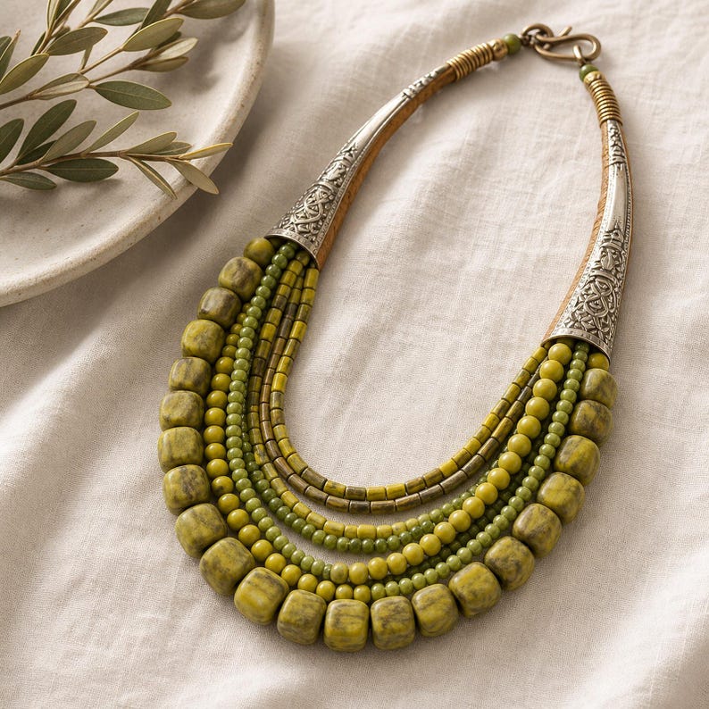 Rose Gold and Bronze Statement Beaded Necklace presented in an open jewelry gift box on natural linen