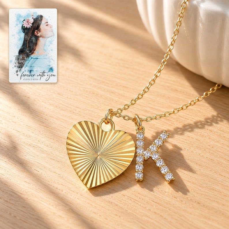 K Initial Heart Necklace, sunlit home view. A personalized digital greeting card is shown alongside.