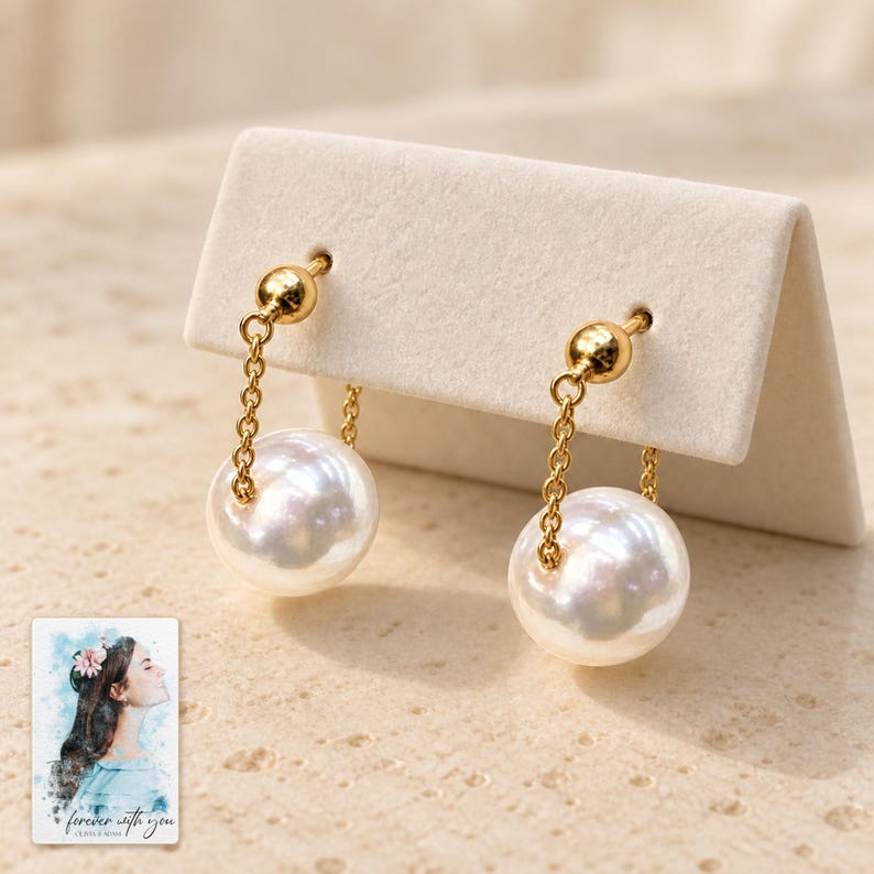 Pearl Style Earrings, macro detail view. A personalized digital greeting card is shown alongside.
