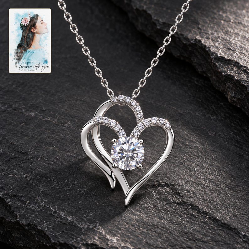 Double Heart Pendant Necklace, shown against a dark background. A sample personalized digital greeting card is shown alongside.