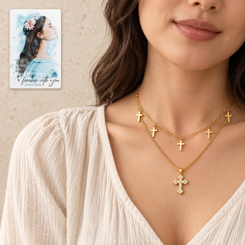 Golden Faith Layered Cross Necklace worn by an adult model for styling and everyday styling. A personalized digital greeting card is shown alongside.