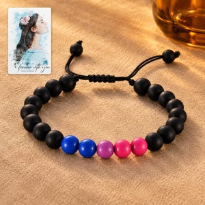 Black Bead Bracelet, evening style view. A personalized digital greeting card is shown alongside.