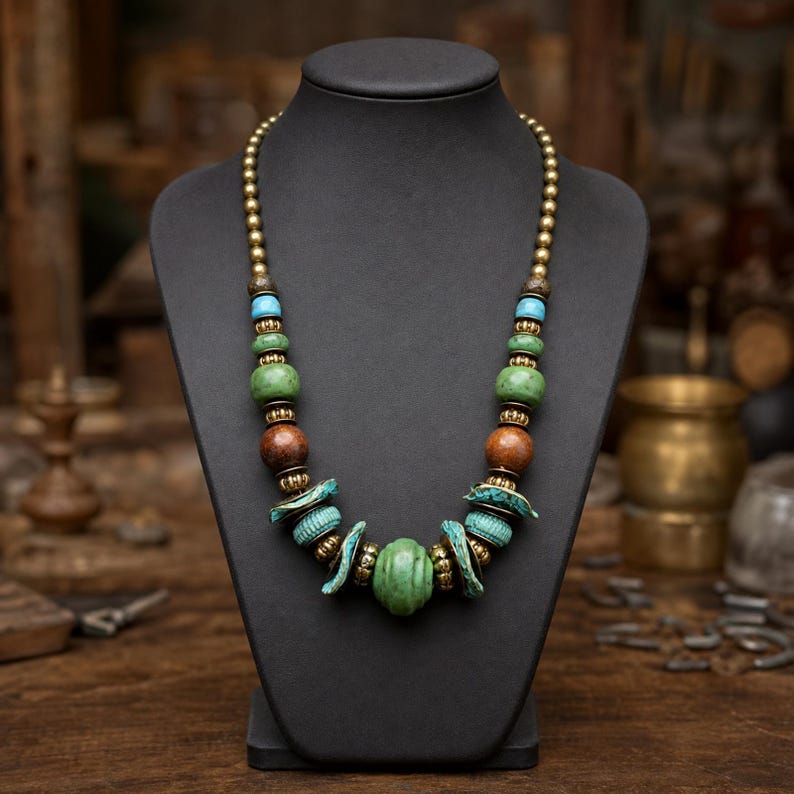 Rose Gold and Beige Statement Beaded Necklace shown individually as a coordinating option for the mix and match necklace set