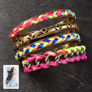 Colorful Woven Bracelet Set, shown against a dark background. A sample personalized digital greeting card is shown alongside.
