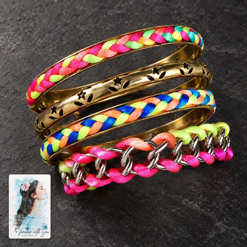 Colorful Woven Bracelet Set, shown against a dark background. A sample personalized digital greeting card is shown alongside.