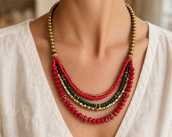 Collana boho con perline rosse e marroni, gioiello artigianale a strati
