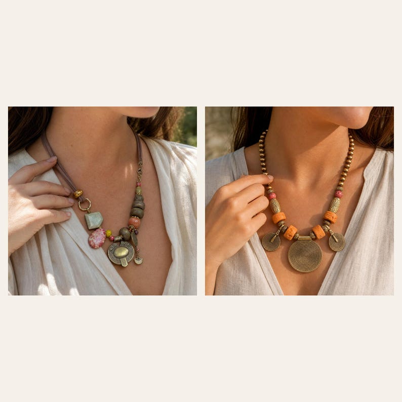 May include: Two necklaces featuring assorted beads and metal charms. The left necklace has a leather cord, green and pink stones, and a circular metal pendant. The right necklace features orange textured beads and three circular metal discs.