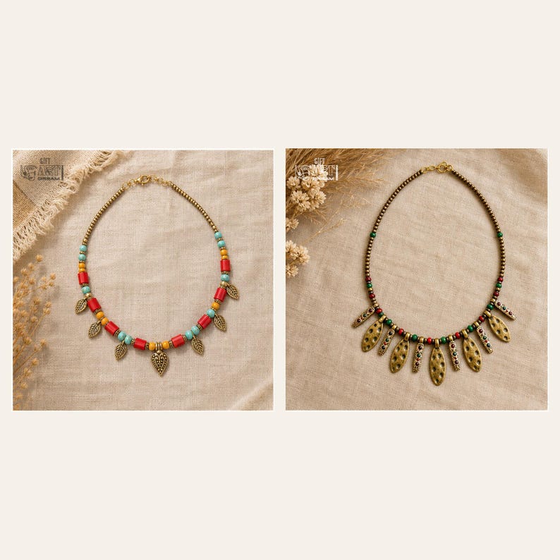 May include: Two necklaces are displayed. The left necklace features red, yellow, and turquoise cylindrical beads with small bronze leaf charms. The right necklace consists of small dark beads and larger bronze oval charms with textured surfaces.