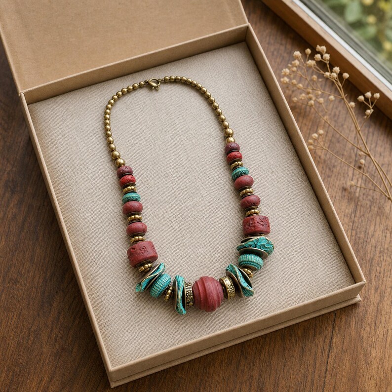 Antique gold tone dusty red burgundy and turquoise statement bead necklace worn with an ivory linen top in warm natural window light