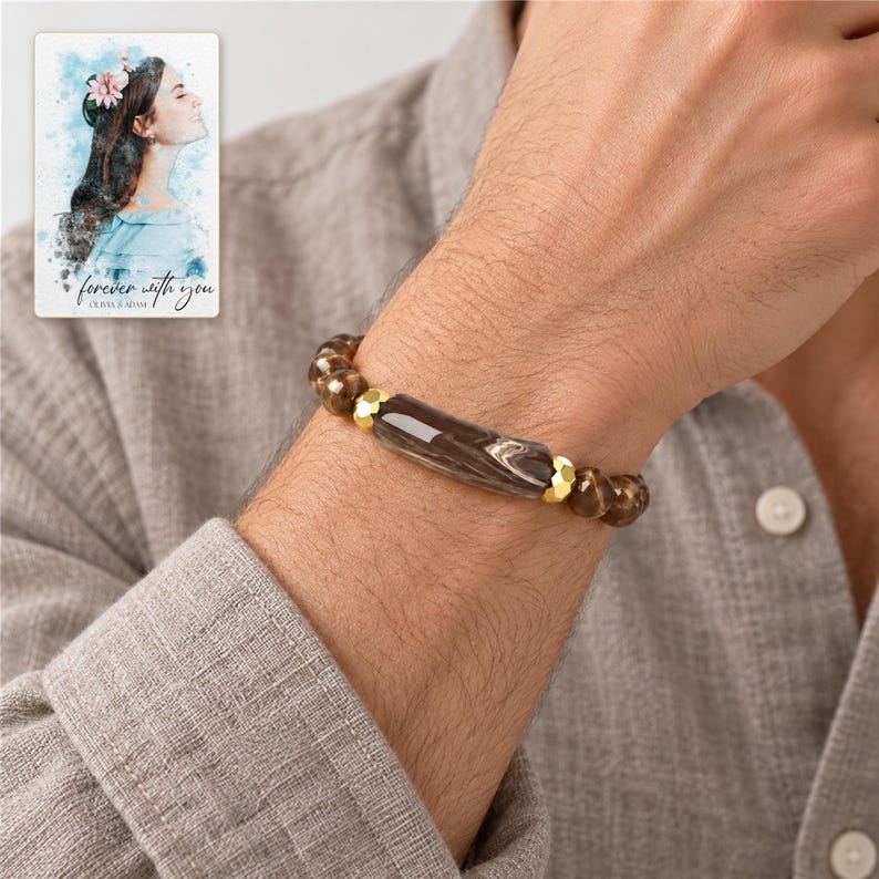 Cocoa Swirl Bar Bracelet worn by an adult in a natural daytime lifestyle scene. A personalized digital greeting card is shown alongside.