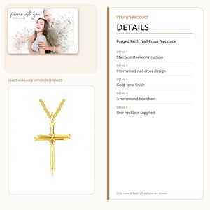 K&ouml;nnte beinhalten: Eine goldfarbene Forged Faith Nagelkreuz-Halskette aus Edelstahl mit einem ineinander verschlungenen Nagelkreuz-Design, das an einer 3 mm runden Boxkette h&auml;ngt. Die Produktdetails f&uuml;hren eine Edelstahlkonstruktion und ein Gold-Finish auf.
