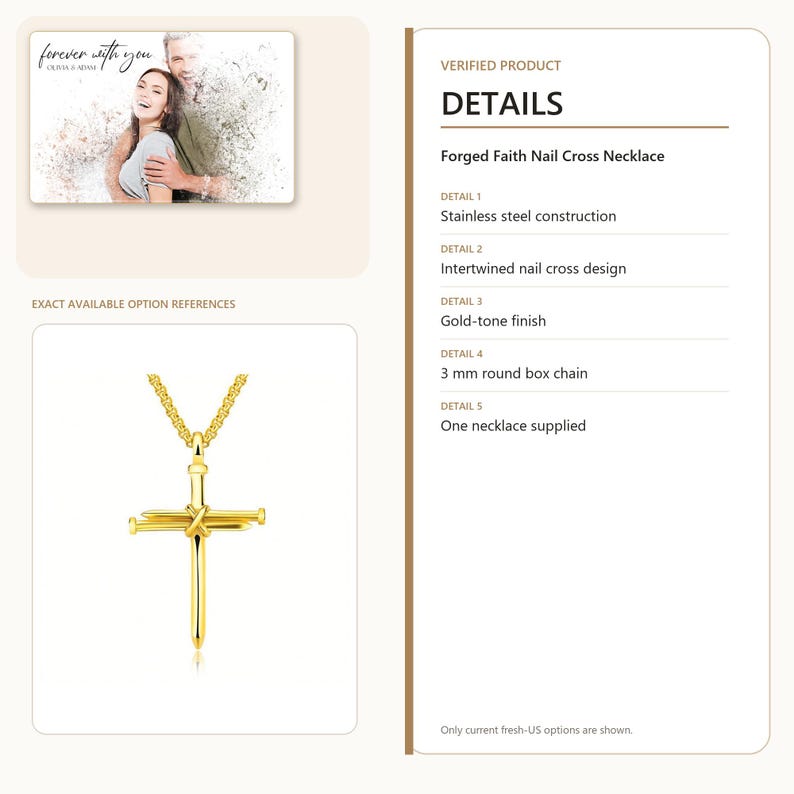K&ouml;nnte beinhalten: Eine goldfarbene Forged Faith Nagelkreuz-Halskette aus Edelstahl mit einem ineinander verschlungenen Nagelkreuz-Design, das an einer 3 mm runden Boxkette h&auml;ngt. Die Produktdetails f&uuml;hren eine Edelstahlkonstruktion und ein Gold-Finish auf.