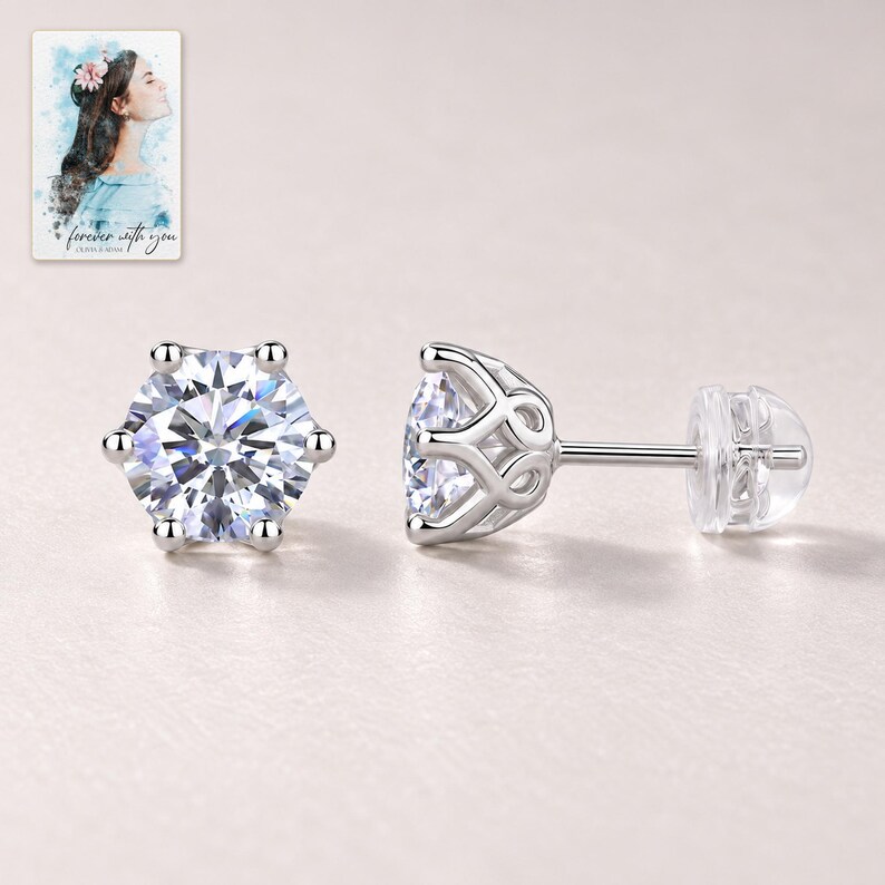 Moissanite Stud Earrings, shown against a light background. A sample personalized digital greeting card is shown alongside.