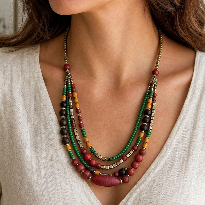 Rose Gold and Silver Statement Beaded Necklace presented in an open jewelry gift box on natural linen
