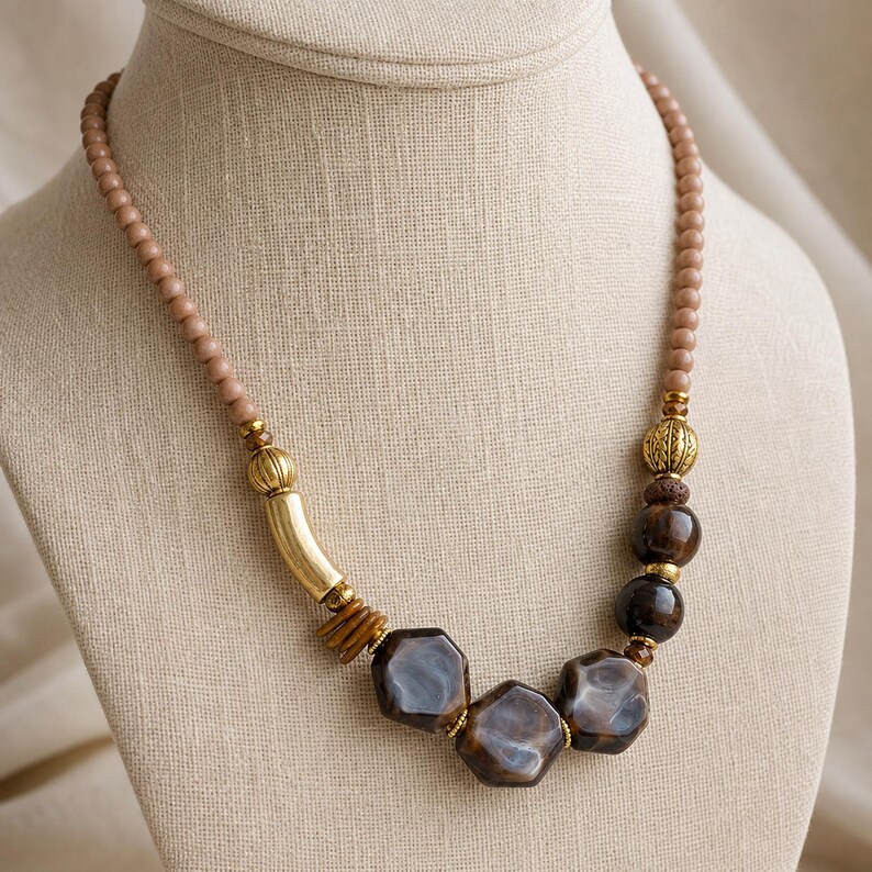 Silver and Brown Statement Beaded Necklace shown individually as a coordinating option for the mix and match necklace set