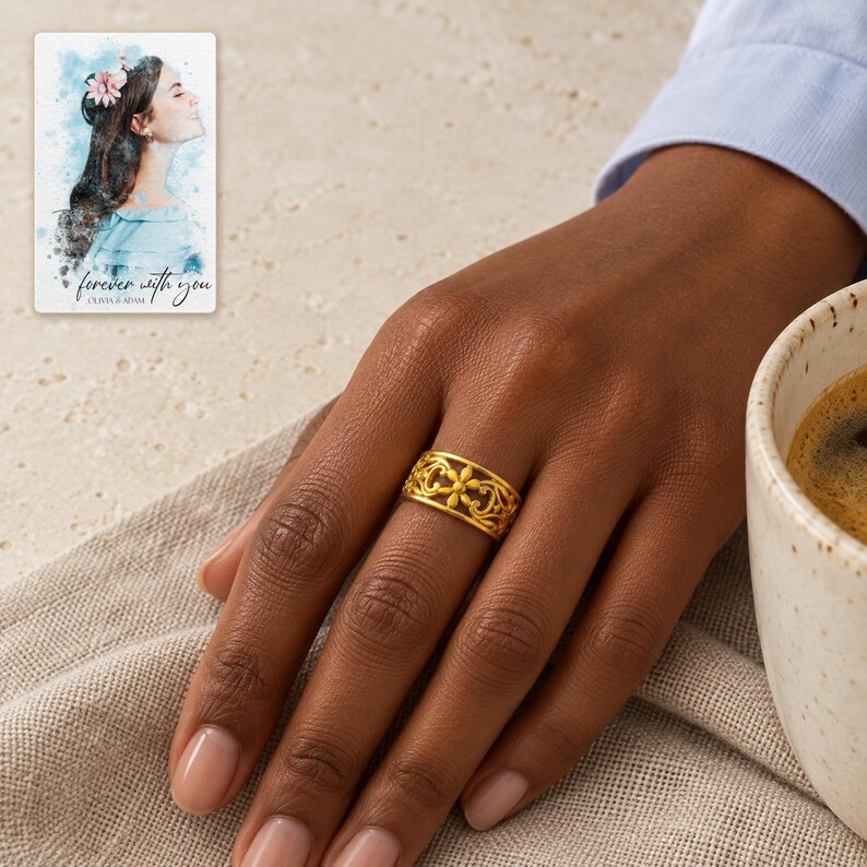 Golden Bloom Filigree Ring worn by an adult in a natural daytime lifestyle scene. A personalized digital greeting card is shown alongside.