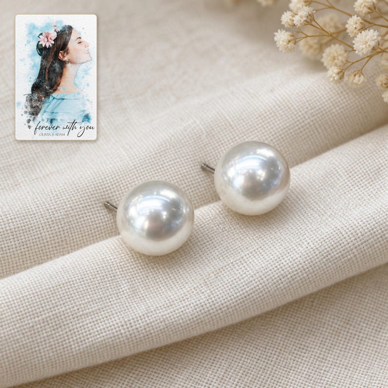 Pearl Style Earrings, linen flatlay view. A personalized digital greeting card is shown alongside.