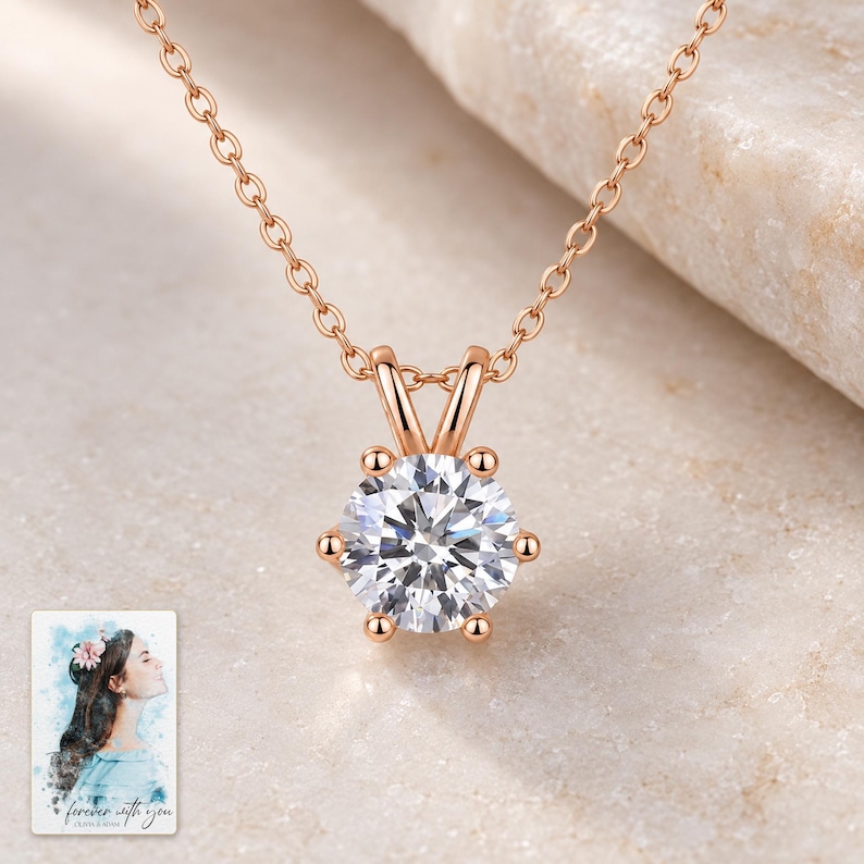 Moissanite Solitaire Necklace, close-up of the details. A sample personalized digital greeting card is shown alongside.