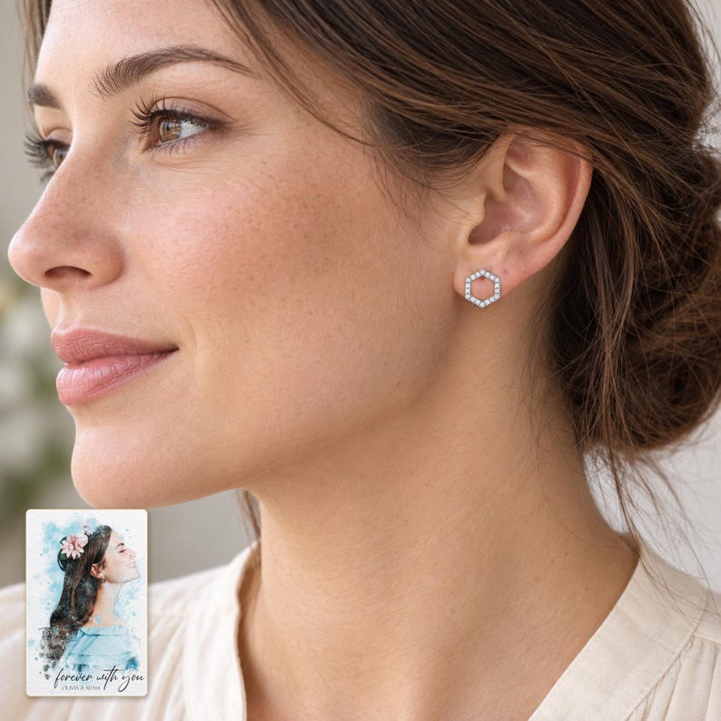 Hexagon Moissanite Stud Earrings, worn by an adult. A sample personalized digital greeting card is shown alongside.