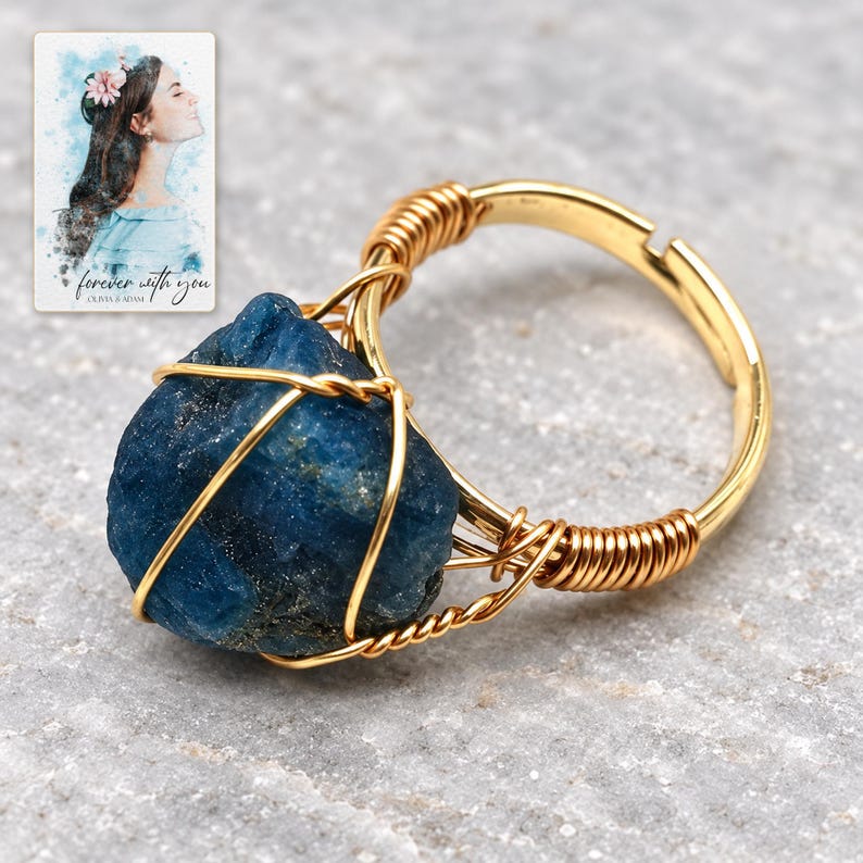 Blue Wire Wrapped Ring, macro detail view. A personalized digital greeting card is shown alongside.