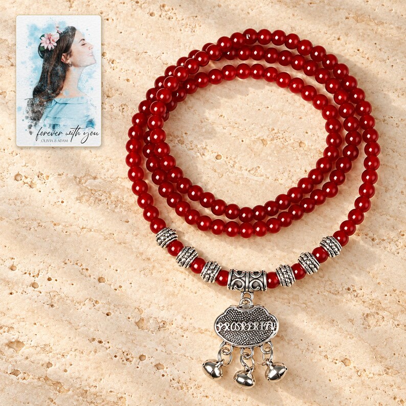 Crimson Agate style Charm Wrap Bracelet shown as the main Etsy hero photograph with a clear view of the complete design. A personalized digital greeting card is shown alongside.