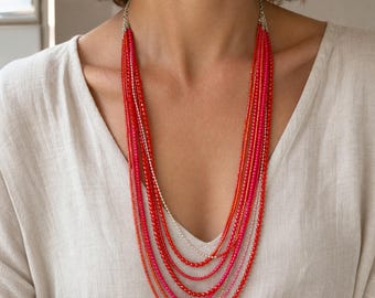Red and Gray Statement Beaded Necklace, Layered Boho Jewelry