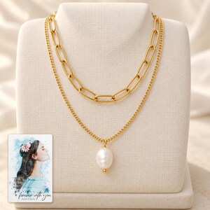 Kona pearl style Layers Necklace shown as the main Etsy hero photograph with a clear view of the complete design. A personalized digital greeting card is shown alongside.