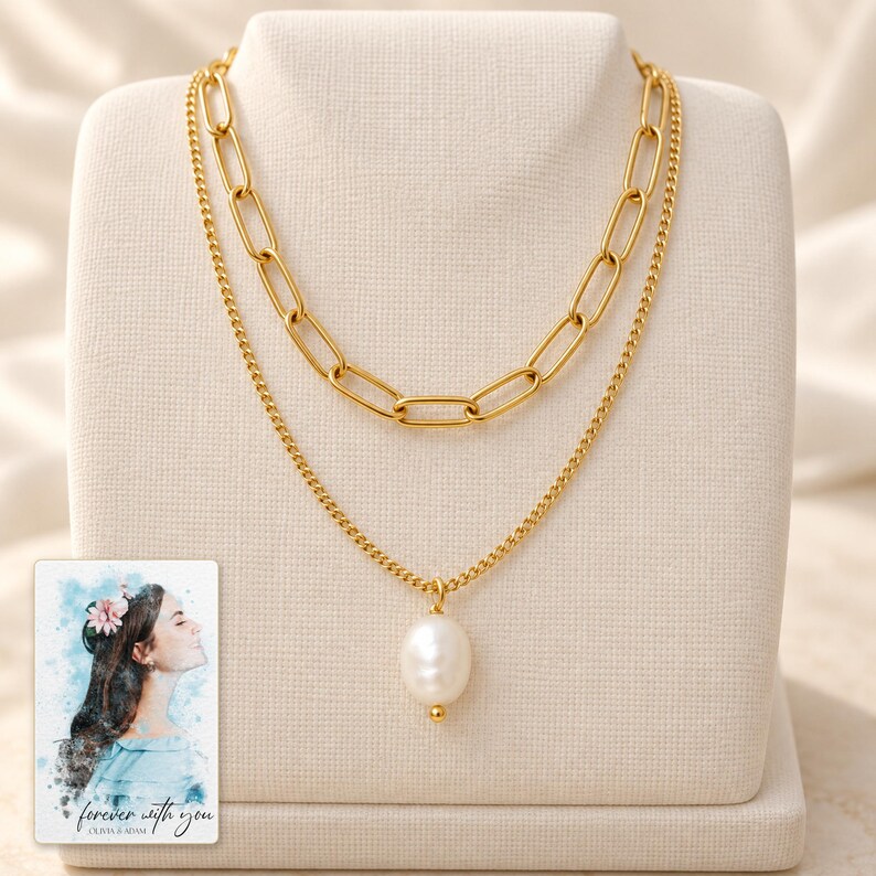 Kona pearl style Layers Necklace shown as the main Etsy hero photograph with a clear view of the complete design. A personalized digital greeting card is shown alongside.