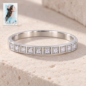 Moissanite Band Ring, shown on a display surface. A sample personalized digital greeting card is shown alongside.