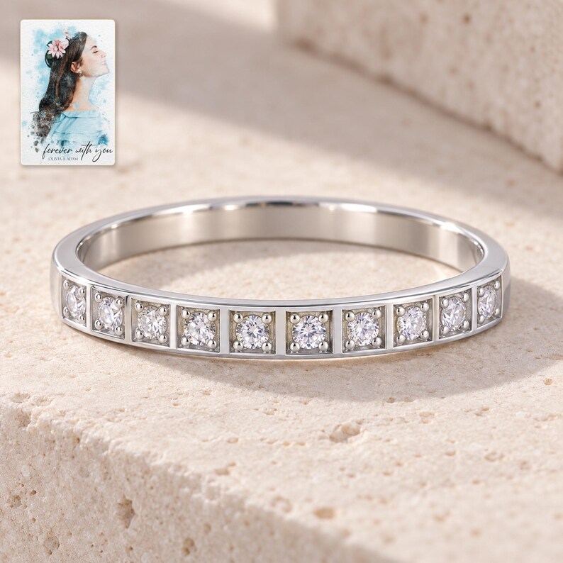 Moissanite Band Ring, shown on a display surface. A sample personalized digital greeting card is shown alongside.