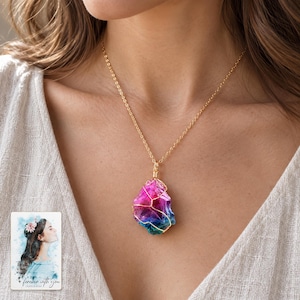 Rainbow Stone Necklace, worn with daytime clothing. A sample personalized digital greeting card is shown alongside.