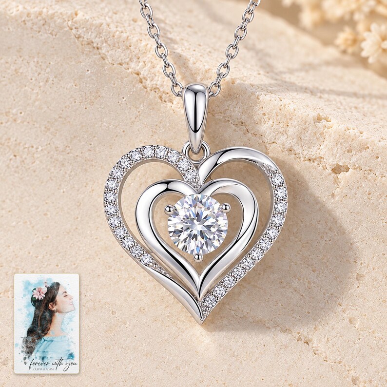 Double Heart Moissanite Necklace, shown on a display surface. A sample personalized digital greeting card is shown alongside.