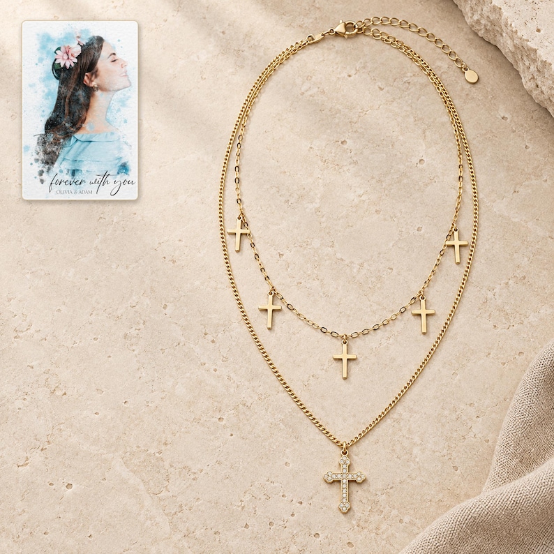 Golden Faith Layered Cross Necklace shown as the main Etsy hero photograph with a clear view of the complete design. A personalized digital greeting card is shown alongside.