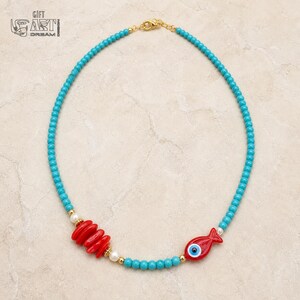 Collar con cuentas de ojo turco rojo, gargantilla bohemia gruesa imagen 8