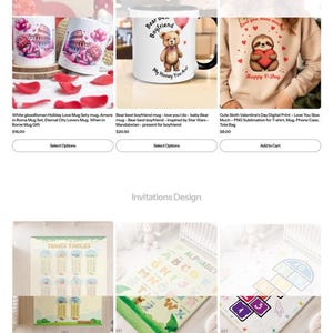 May include: Website featuring various products, including mugs, wall art, digital prints, and educational rugs. The site offers invitations, trending outfits, and gifts for different occasions. The top collections include gifts for partners, moms, and dads.