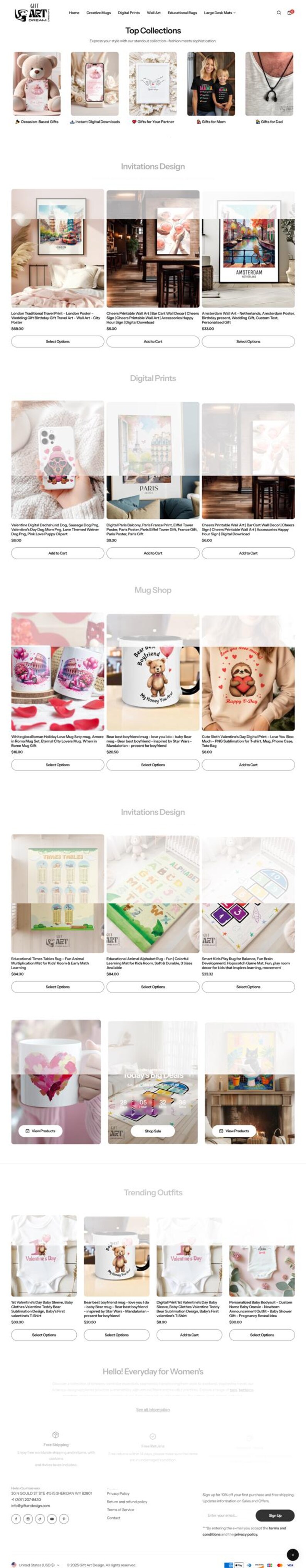 May include: Website featuring various products, including mugs, wall art, digital prints, and educational rugs. The site offers invitations, trending outfits, and gifts for different occasions. The top collections include gifts for partners, moms, and dads.
