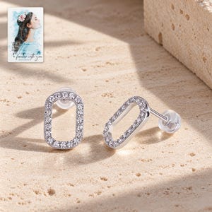 Rounded Rectangle Stud Earrings, shown in natural light. A sample personalized digital greeting card is shown alongside.