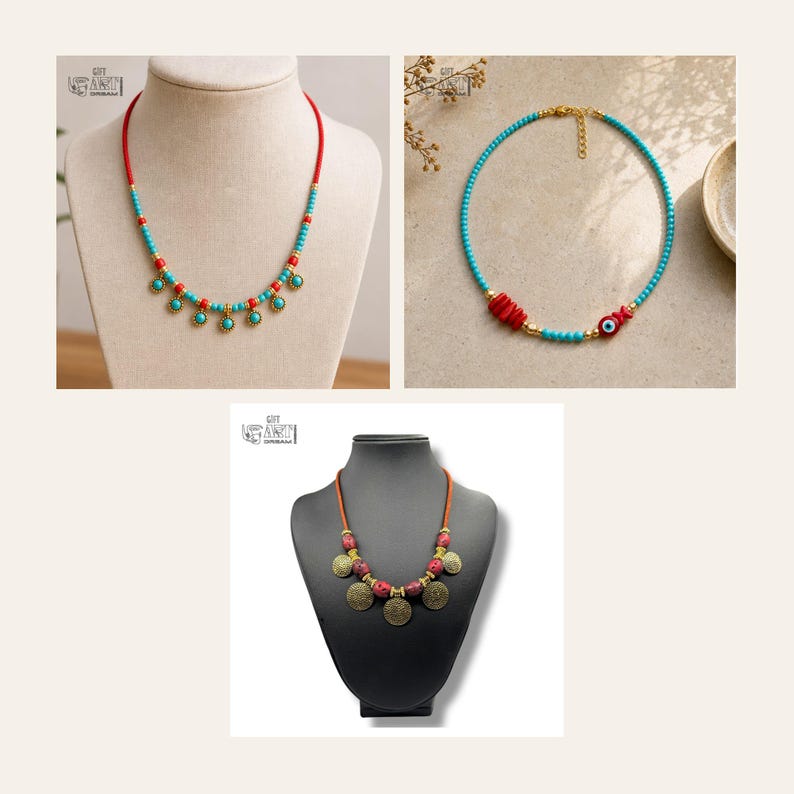 Turquoise and Red Beaded Charm Necklace, Gold Tone Boho Jewelry 3 piece set