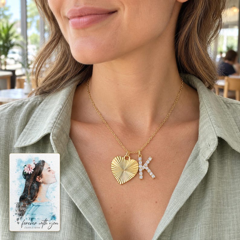 K Initial Heart Necklace, human lifestyle view. A personalized digital greeting card is shown alongside.