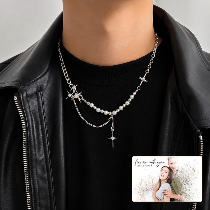 Silver-tone layered necklace with pale beads and pointed star charms, worn view. A personalized greeting-card example appears in the corner.