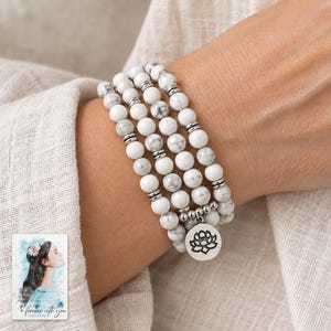 White Bead Wrap Bracelet, worn by an adult. A sample personalized digital greeting card is shown alongside.