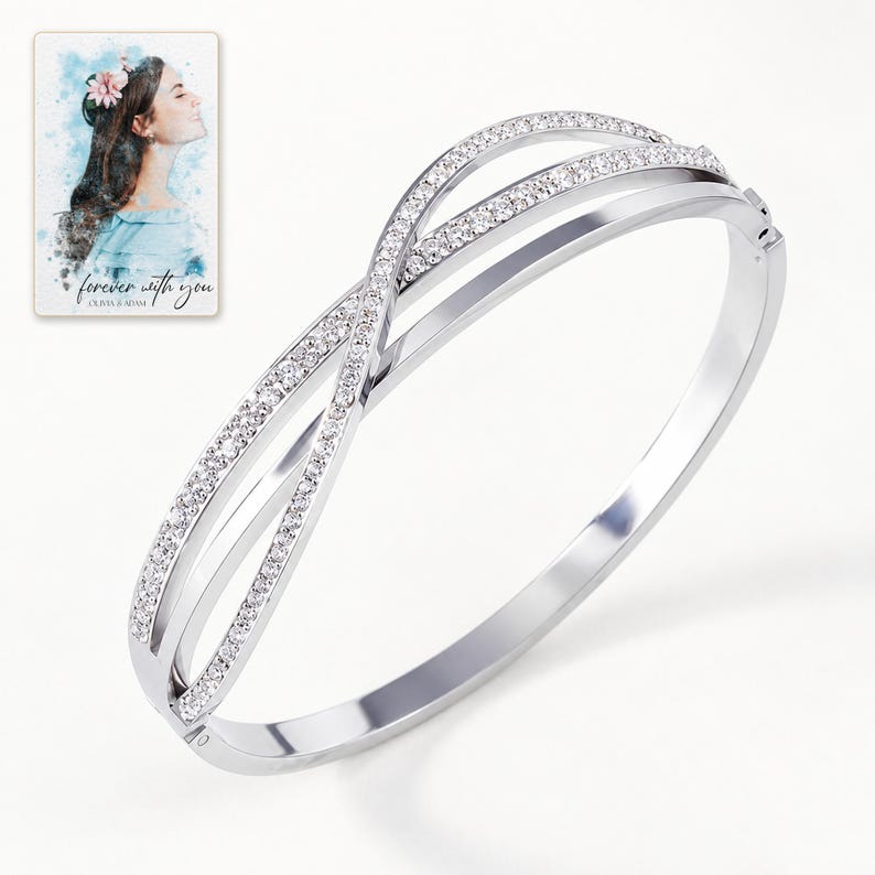 Crossover Bangle Bracelet, shown against a light background. A sample personalized digital greeting card is shown alongside.