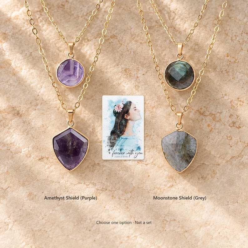 Layered Shield Necklace, variation comparison view. A personalized digital greeting card is shown alongside.