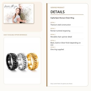 May include: Three CipherSpin Roman Chain Rings in black, silver, and gold finishes. Each ring features a titanium steel construction, Roman numeral engravings, and a movable chain spinner detail. The text reads: Forever with you, Olivia & Adam.