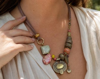 Asymmetric Beaded Necklace, Mixed Shapes and Antique Gold Tone Pendant