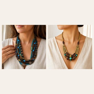 May include: A multi-strand necklace featuring dark brown wooden beads, small metallic gold beads, and bright turquoise accents. Beside it, a second necklace displays a tiered design with metallic gold tubes, dark brown beads, and a central turquoise bead.